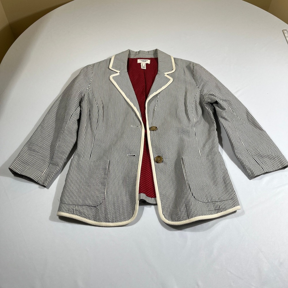 Lands End Canvas Seersucker Blazer Womens 8 Blue White Striped Nautical